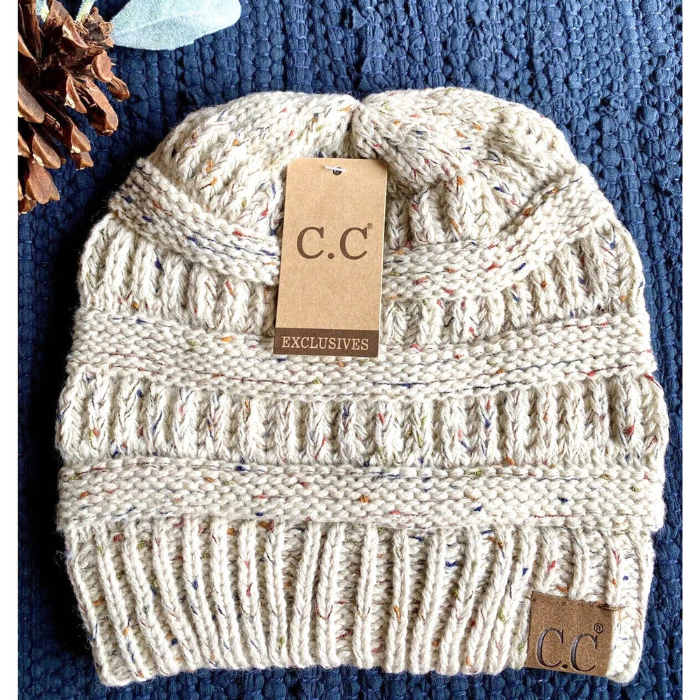 New Adult Size CC Winter Oatmeal Multicolor Confetti Cable Knit Hat Cap Beanie